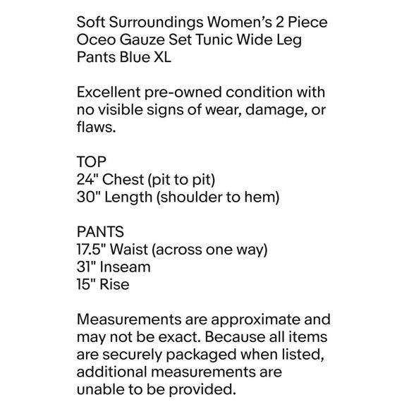 Soft Surroundings Blue Oceo Gauze Tunic Top Wide Leg Pants Set Size XL - Picture 2 of 12